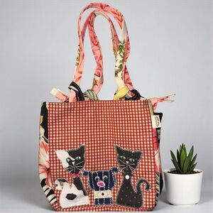 Patchwork Cat Lady Handmade Drawstring Black Cat Square Bag Red White Checkered